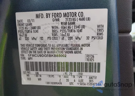 2011 Ford Escape Xlt from USA, damaged, VIN 1FMCU9DG5BKB85002